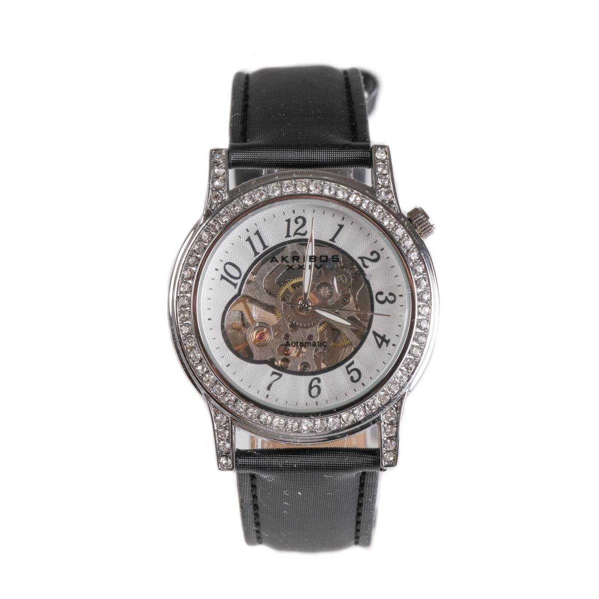 Akribos Xxiv Women`s Black Silver Mechanical Diamond Watch 20 mm 1706