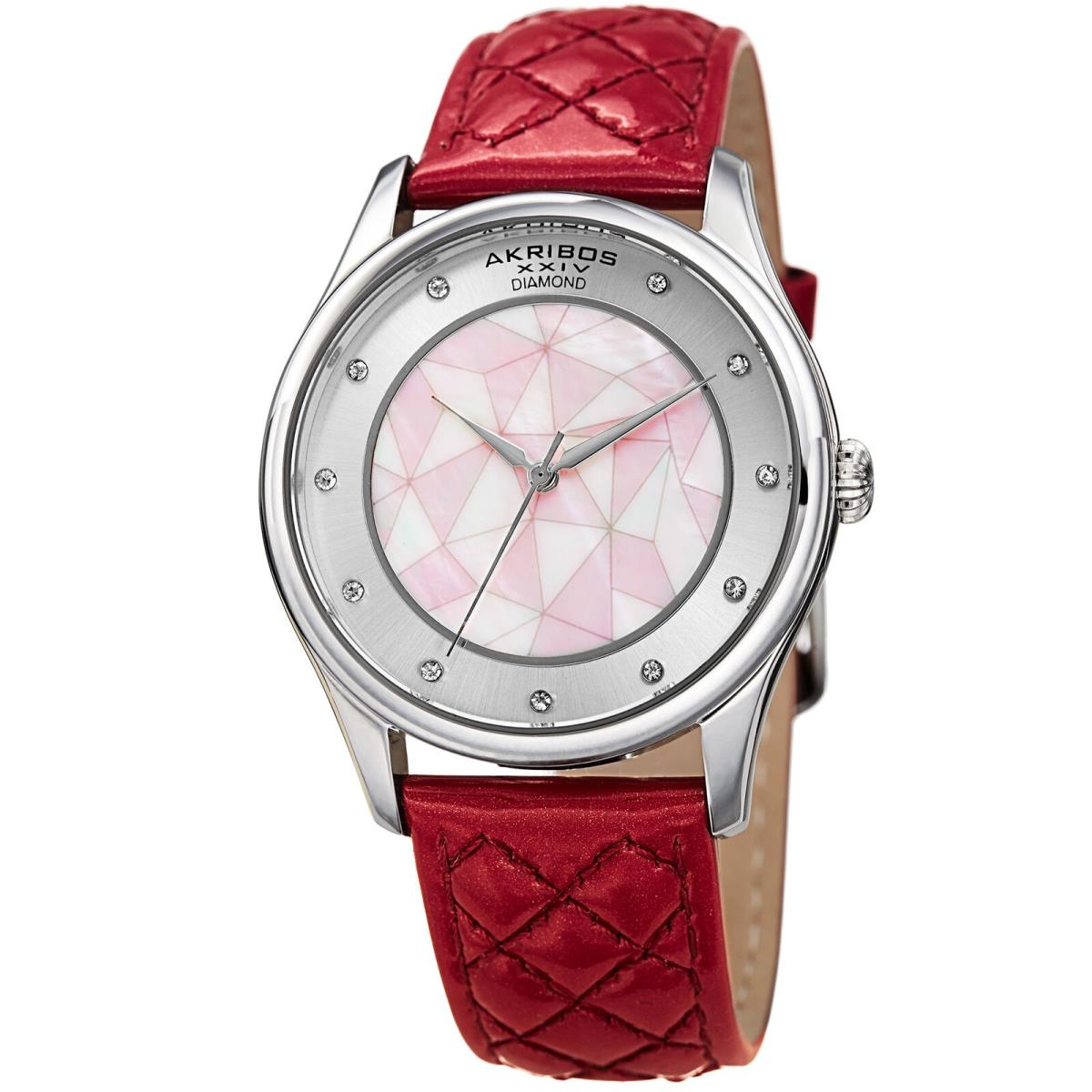 Women`s Akribos Xxiv AK925PK Diamond and Mother of Pearl Leather Quilted Watch