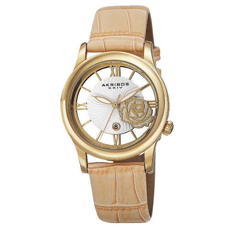 Akribos Xxiv AK837TN Floral Quartz Date Tan Leather Strap Womens Watch