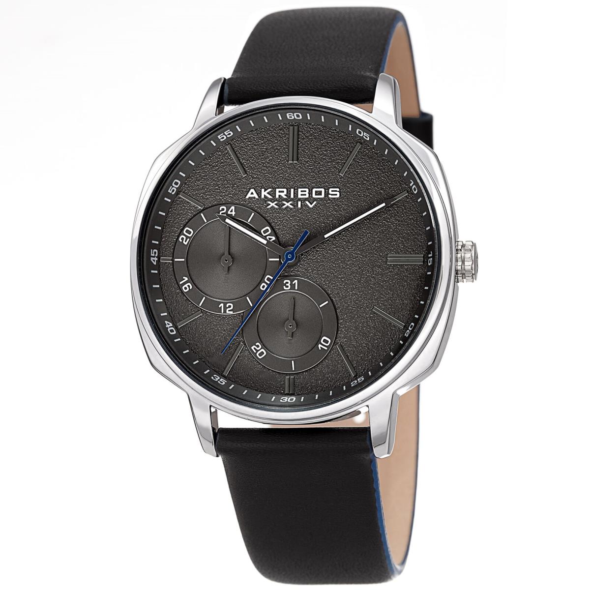 Spring Release Men`s Akribos Xxiv AK1022SSBK Multifunction Black Leather Watch