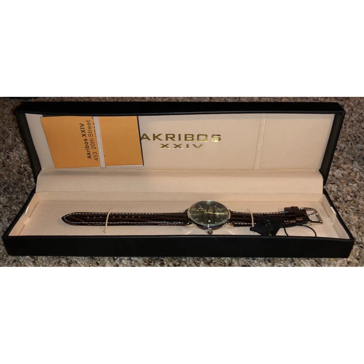 Akribos Xxiv Black-tone Swiss Quartz Date Brown Leather Strap Mens Watch