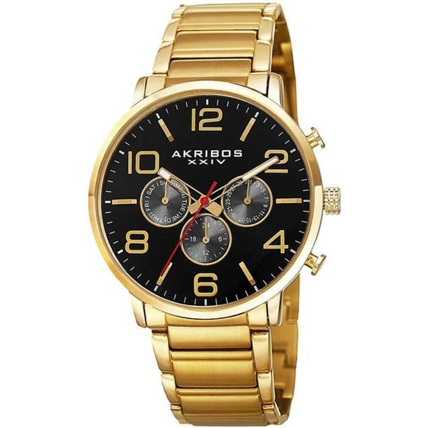 Akribos Xxiv AK803YGBK Swiss Quartz Multifunction Dual Time Goldtone Mens Watch