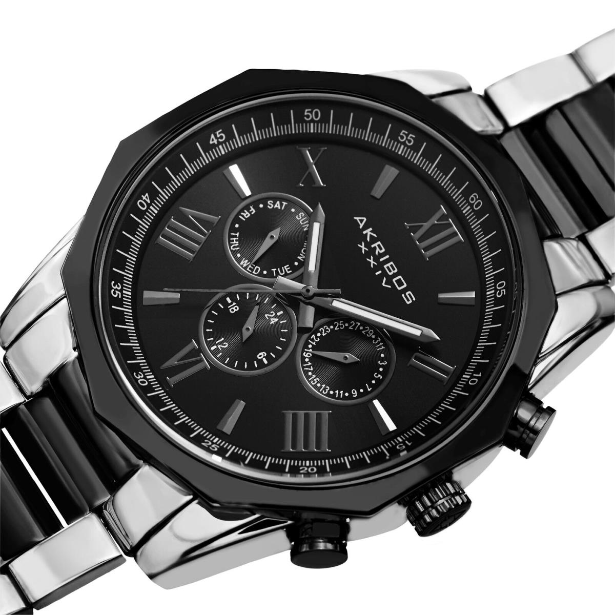 Men`s Akribos Xxiv AK940TTB Two Time Zone Black Dodecagonal Steel Bracelet Watch