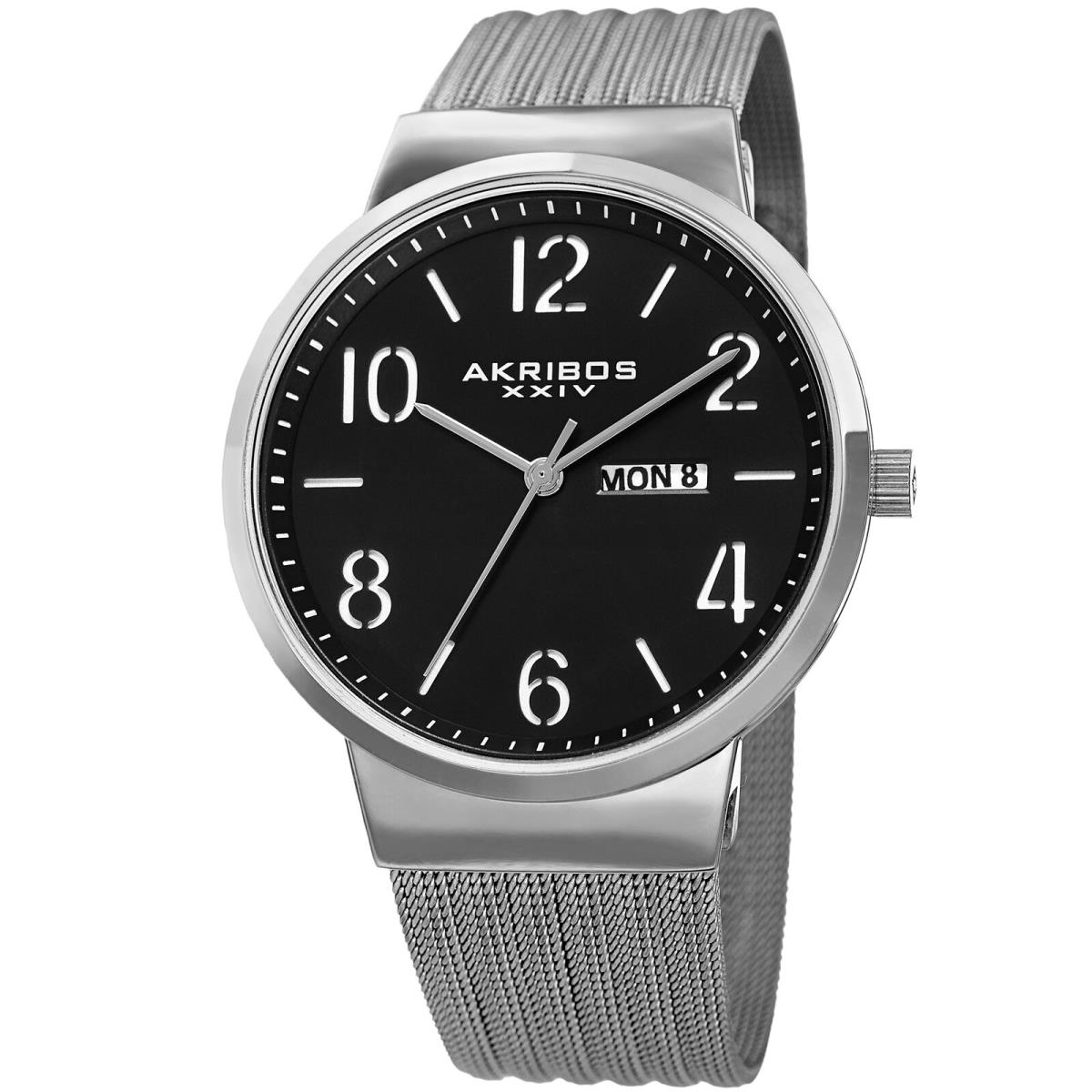 Men`s Akribos Xxiv AK996SSB Date Silver Tone Stainless Steel Mesh Strap Watch