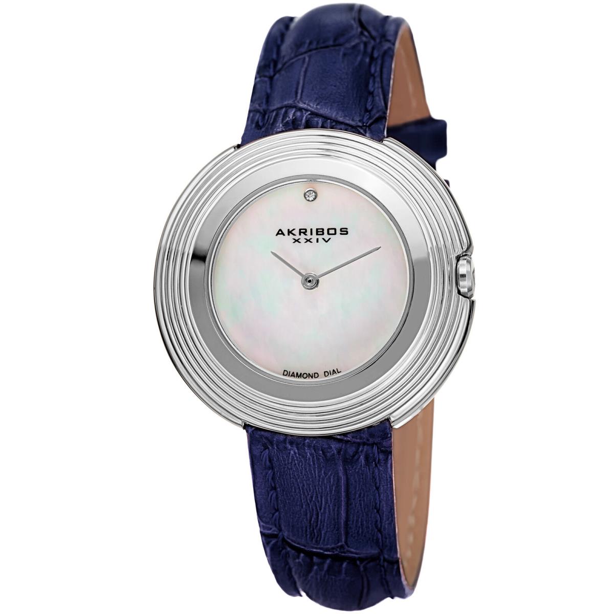 Women`s Akribos Xxiv AK876SS Silver-tone Diamond Dial Blue Leather Strap Watch