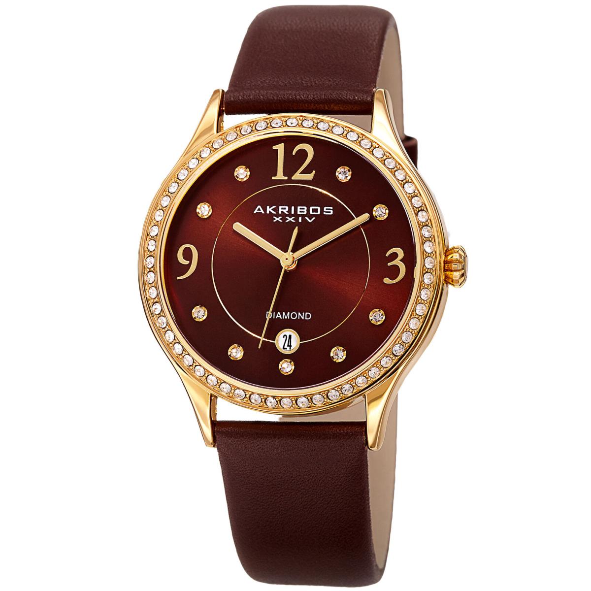 Akribos Xxiv Women`s AK1011BR Date Diamond Swarovski Gold Brown Leather Watch