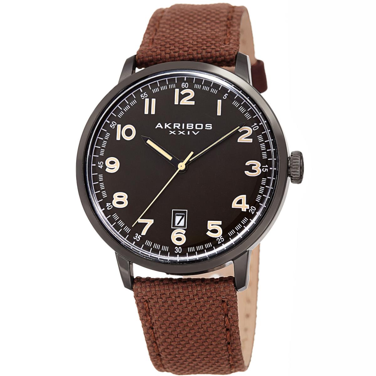 Men`s Akribos Xxiv AK1025BKBR Quatz Day Classic Brown Canvas Leather Strap Watch