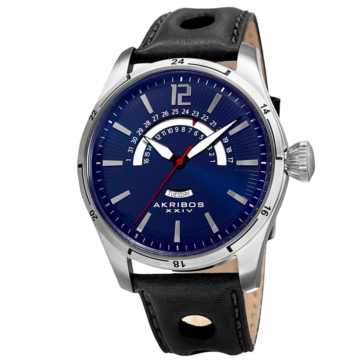 Men`s Akribos Xxiv AK850BU Blue Dial Retrograde Date Black Leather Strap Watch