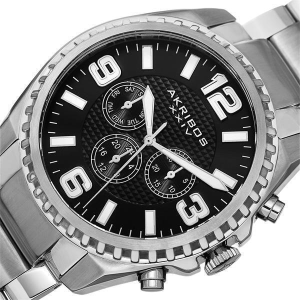 Akribos AK774SSB Swiss Quartz Multifunction Dual Time Stainless Steel Mens Watch