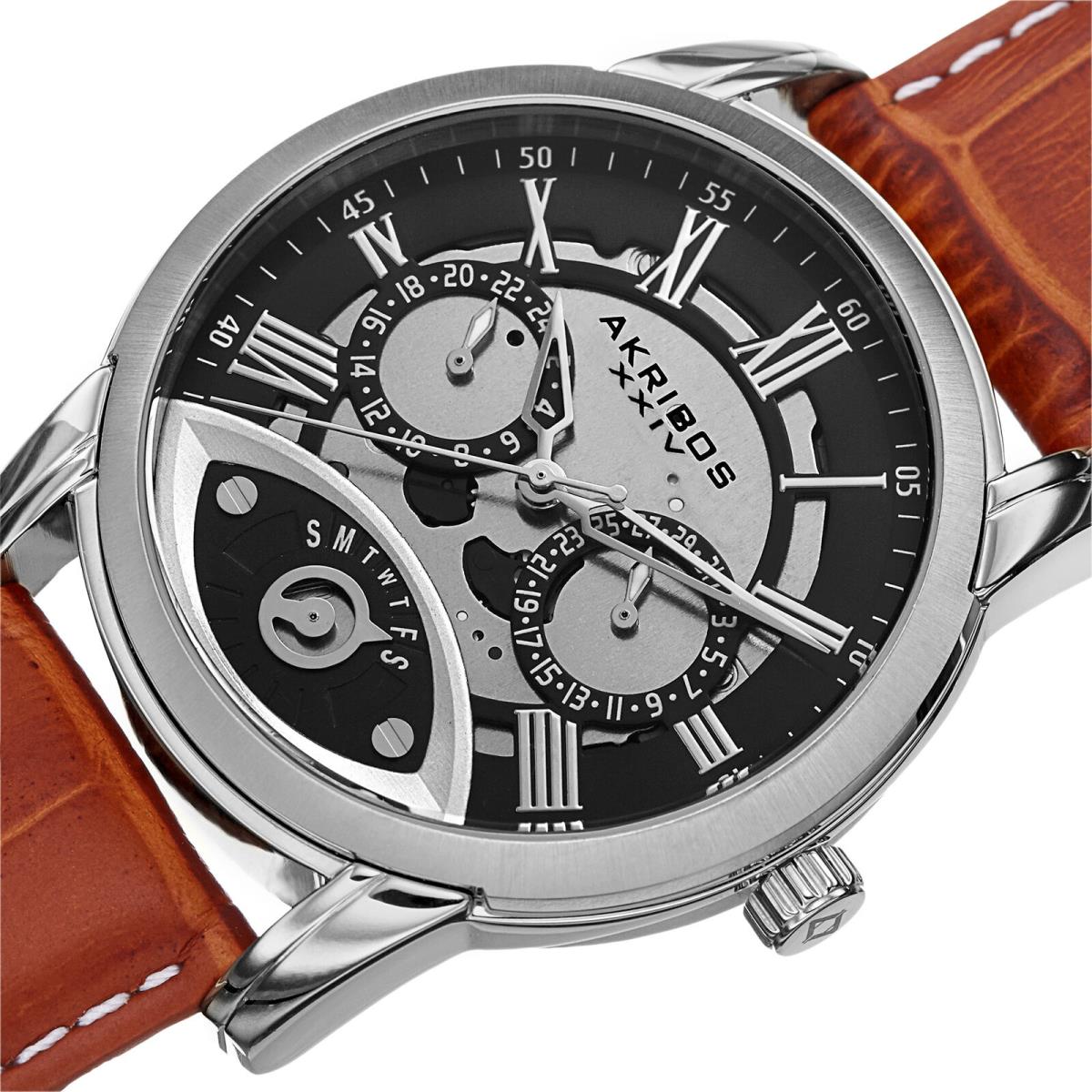 Men`s Akribos Xxiv AK725BR Silver-tone Multifunction Dial Brown Leather Watch