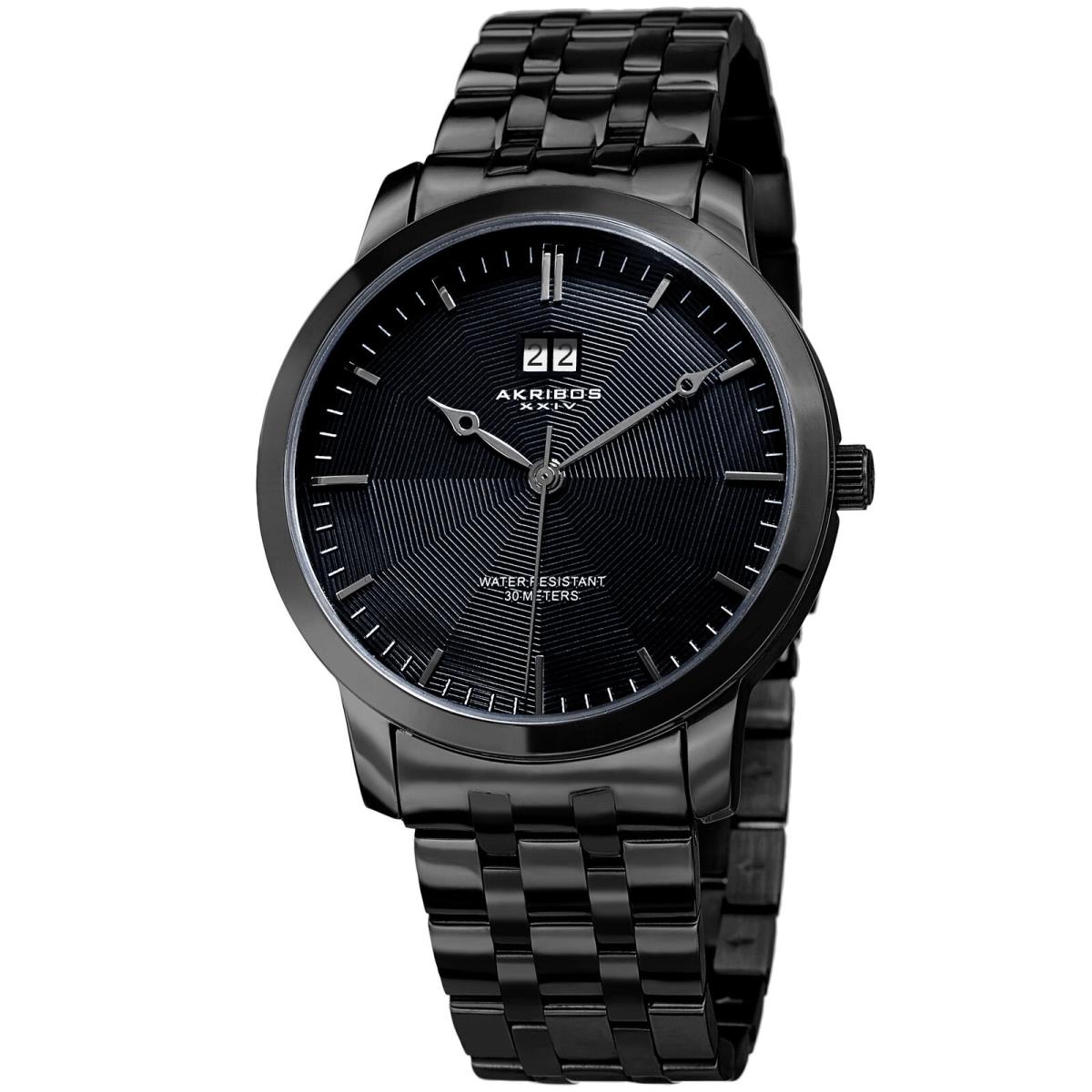 Men`s Akribos Xxiv AK997BK Guilloche Black Date Stainless Steel Bracelet Watch