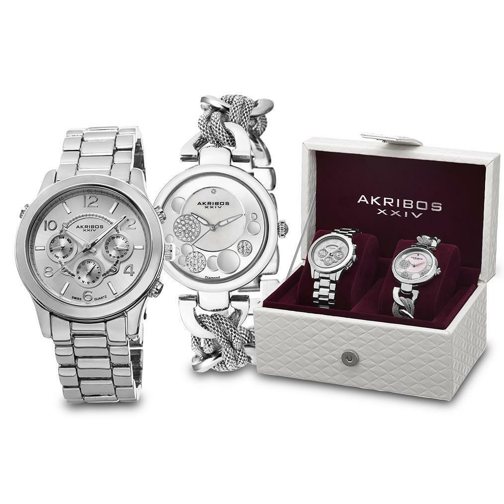 Akribos Xxiv AK676SS Multifunction Crystals Stainless Steel Womens Watch Set