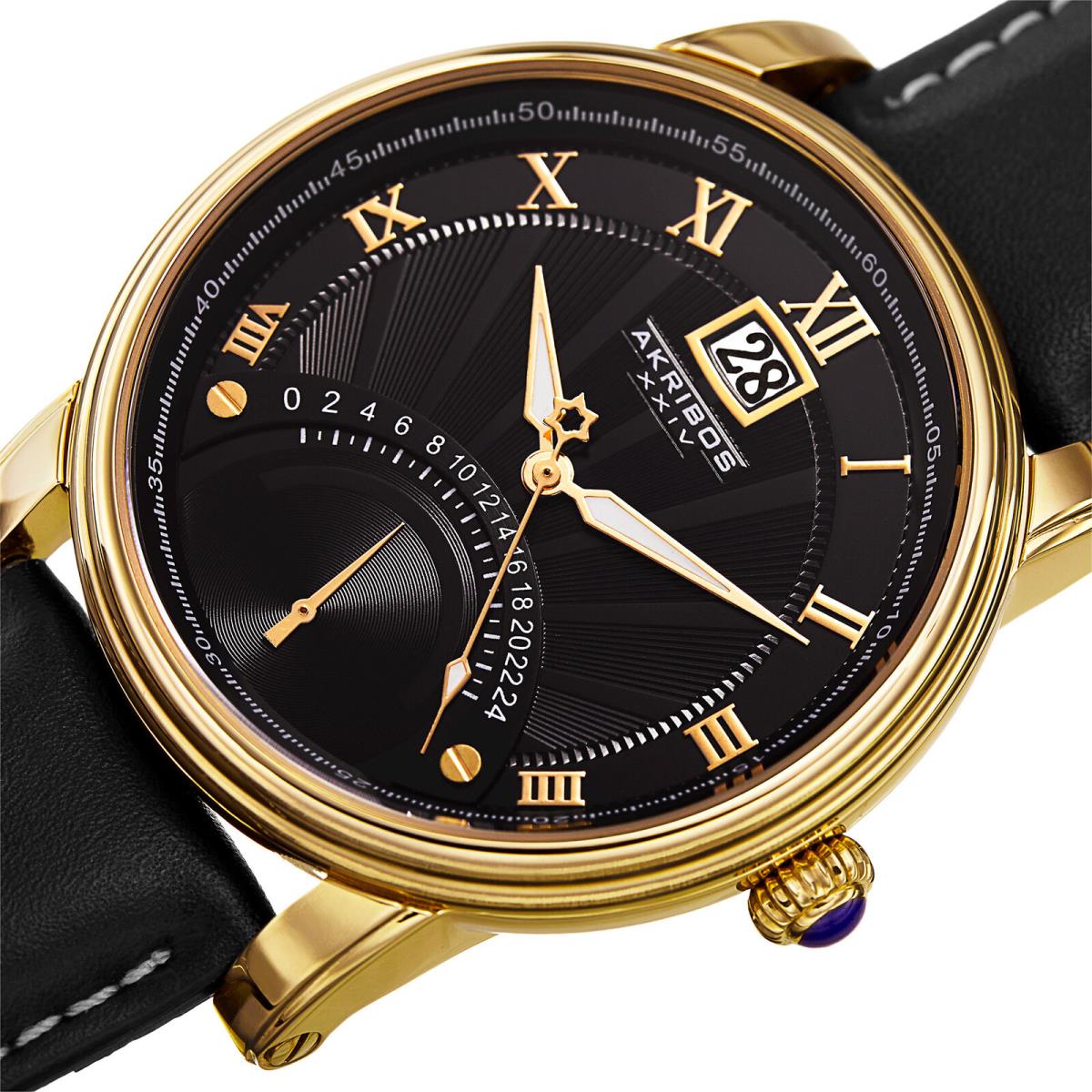 Men`s Akribos Xxiv AK913YG 24 Hour Retrograde Black Leather Strap Watch