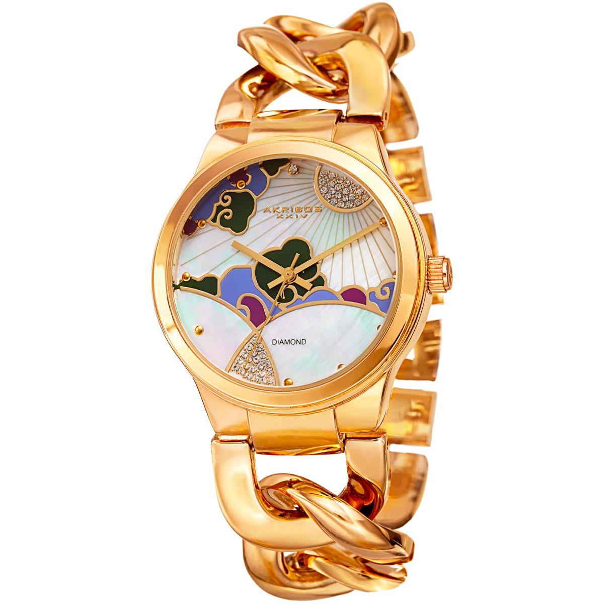 Women`s Akribos Xxiv AK931YG Mother of Pearl Landscape Dial Crystal Pave Watch