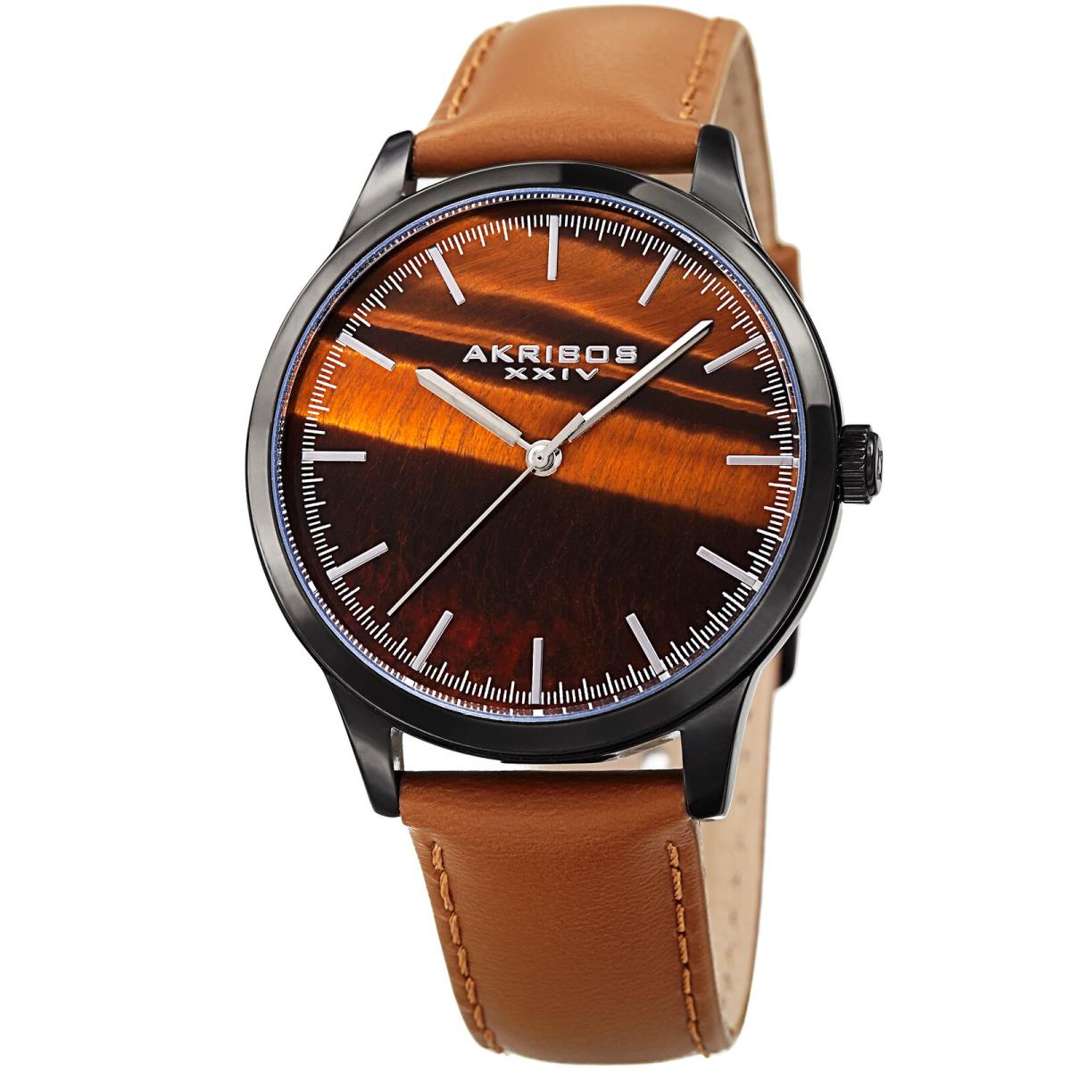 Men`s Akribos Xxiv AK937TN Brown Tiger Eye Stone Leather Strap Watch