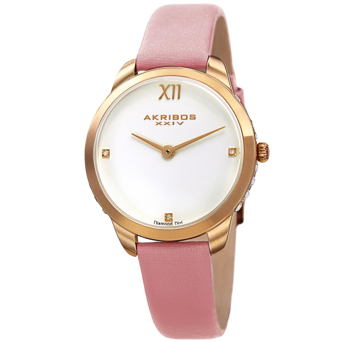 Women`s Akribos Xxiv AK1059PK Swarovski Crystal Diamond Baby Pink Leather Watch