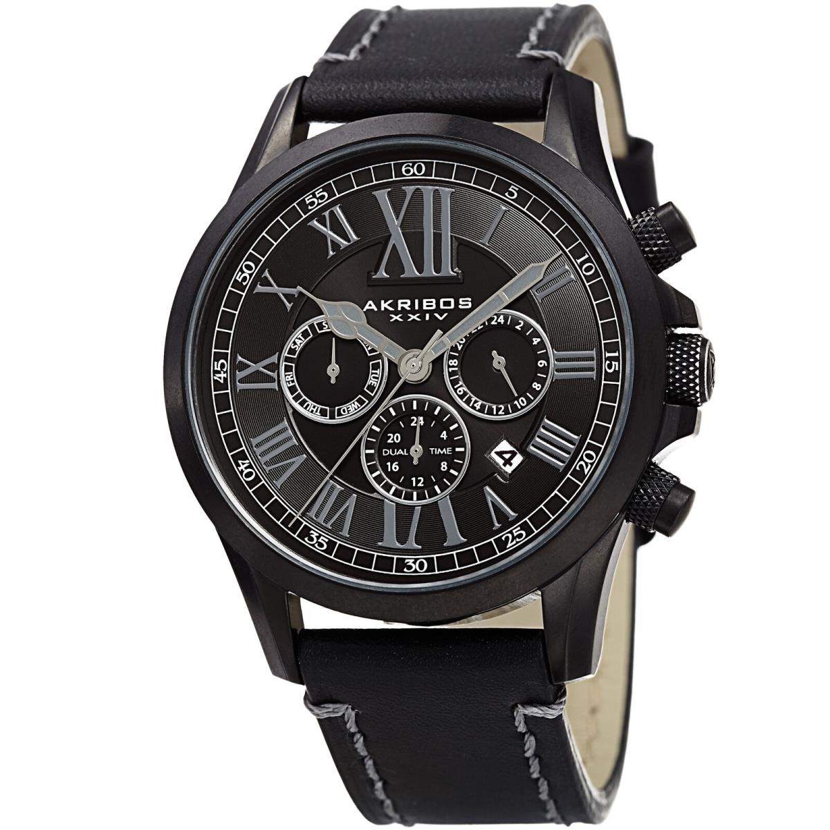 Rotary Men`s Akribos Xxiv AK897BK Dual Time Zone Leather with Contrast Stitching Watch