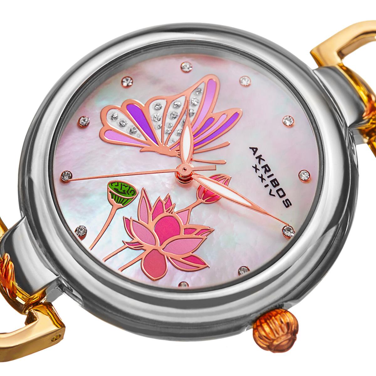 Women`s Akribos Xxiv AK934TRI Mother of Pearl Butterfly Dial Design Link Watch