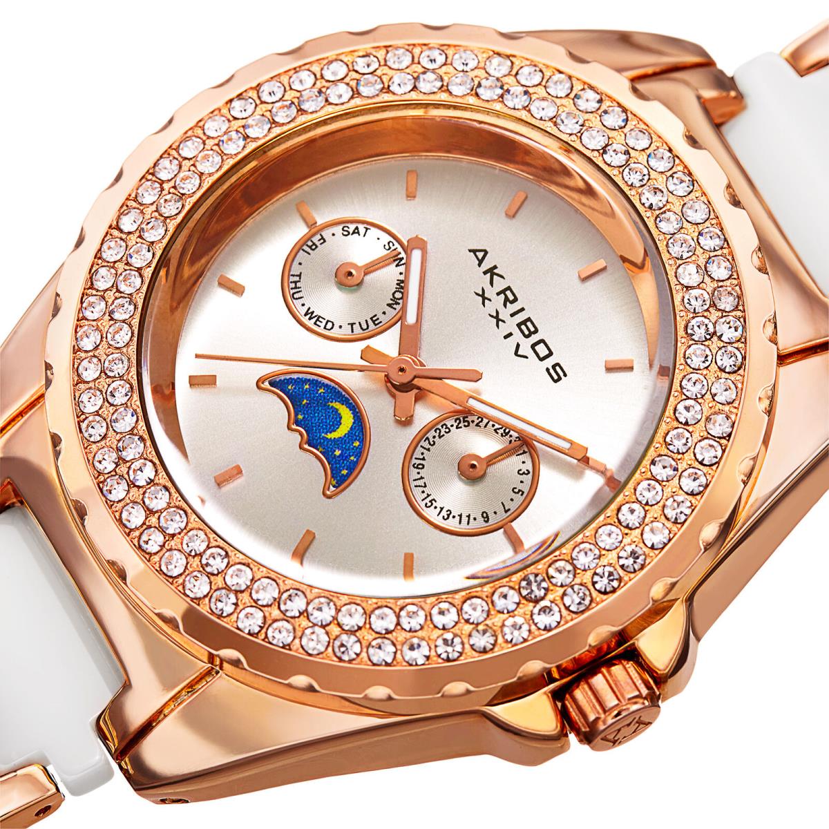 Women`s Akribos Xxiv AK961RGWT Multifunction Am/pm Crystal Bezel Bracelet Watch