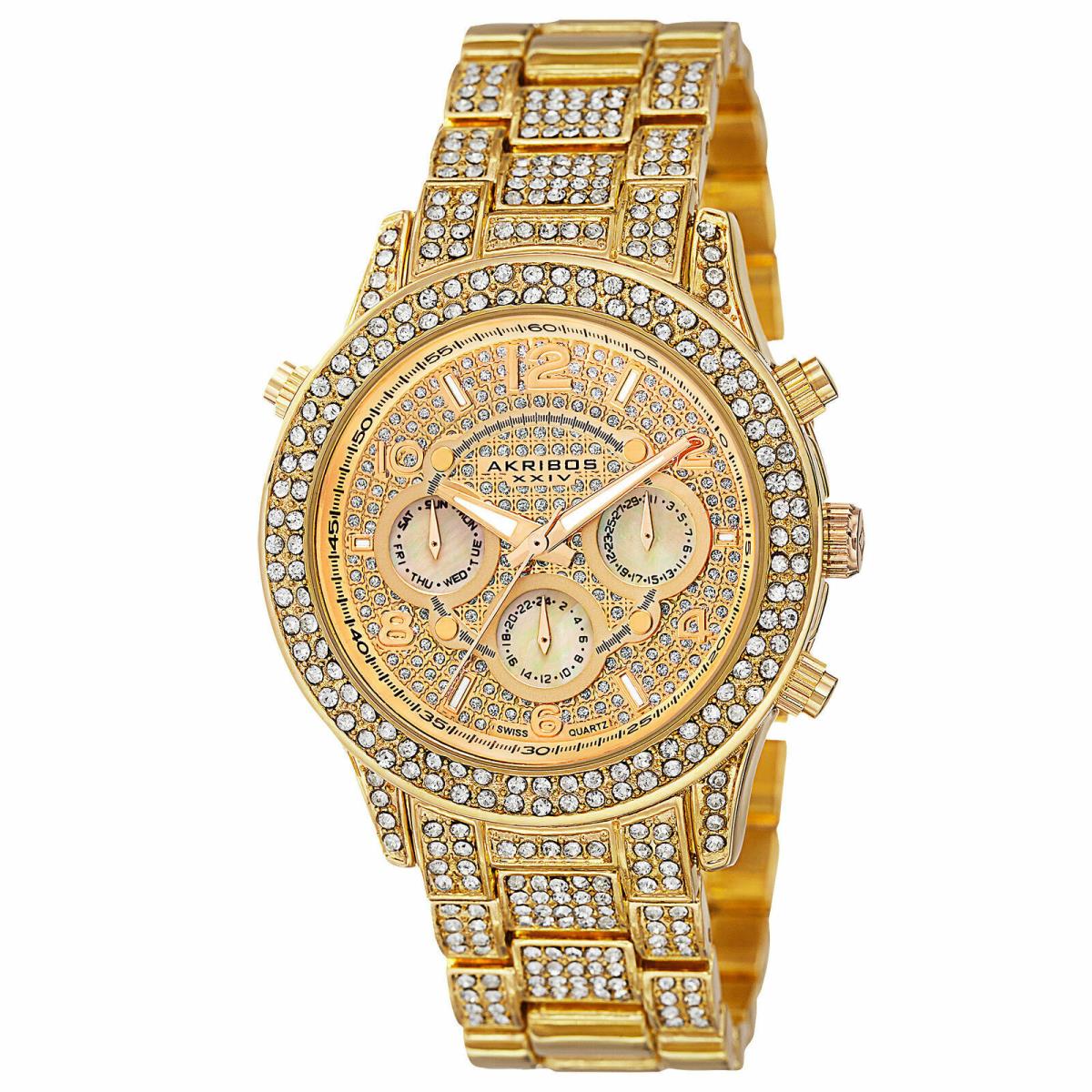 Women`s Akribos Xxiv AK776YG Crystal Accented Multifunction Gold-tone Watch