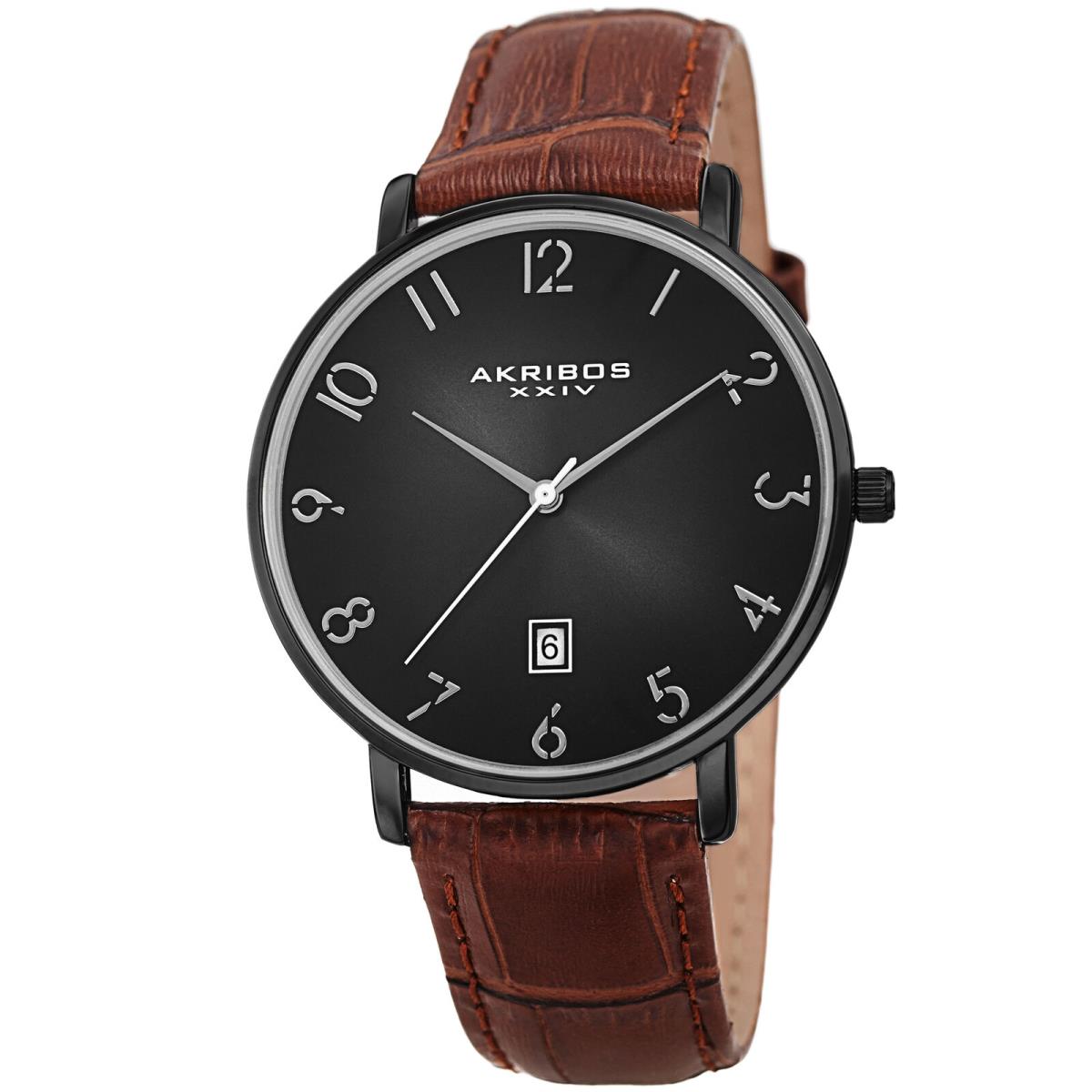 Akribos Xxiv Men`s AK1077BK Quartz Classic Date Gunmetal Crocodile Style Brown Leather Watch