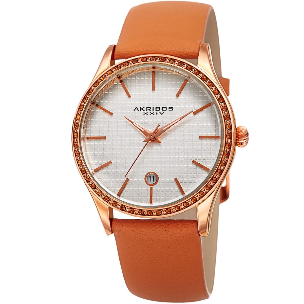 Women`s Akribos Xxiv AK964TN Rose Gold Round Case Tangerine Leather Strap Watch