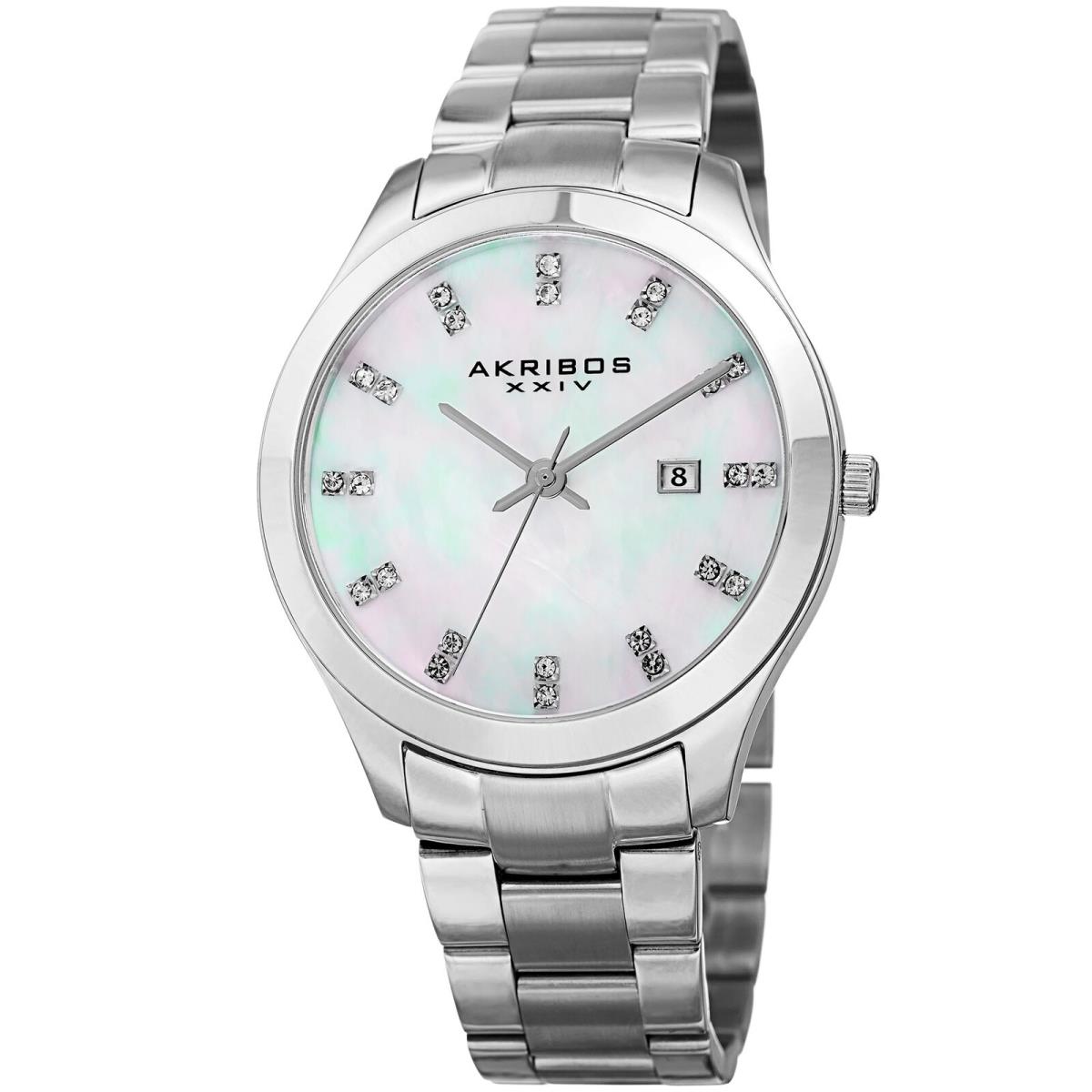 Women`s Akribos Xxiv AK954SS White Mother of Pearl Dial Date Bracelet Watch