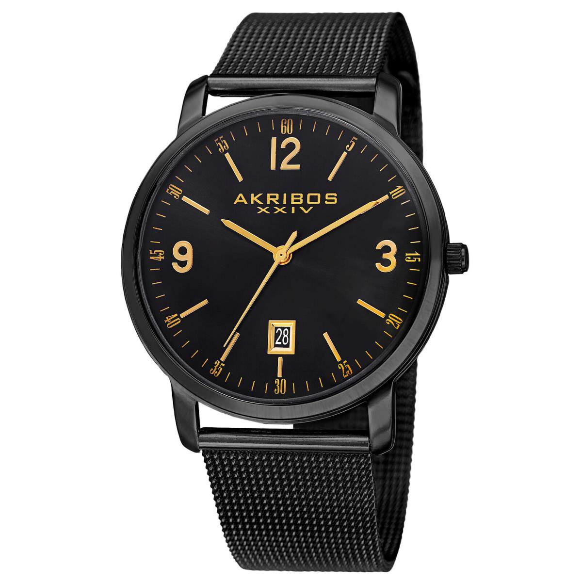 Men`s Akribos Xxiv AK858BK Classic Black Sunray Date Dial Mesh Bracelet Watch