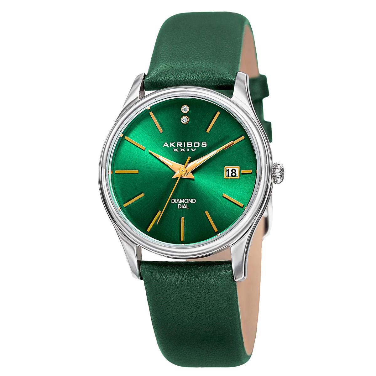 Women`s Akribos Xxiv AK879GN Date Diamond Dial Green Leather Strap Watch