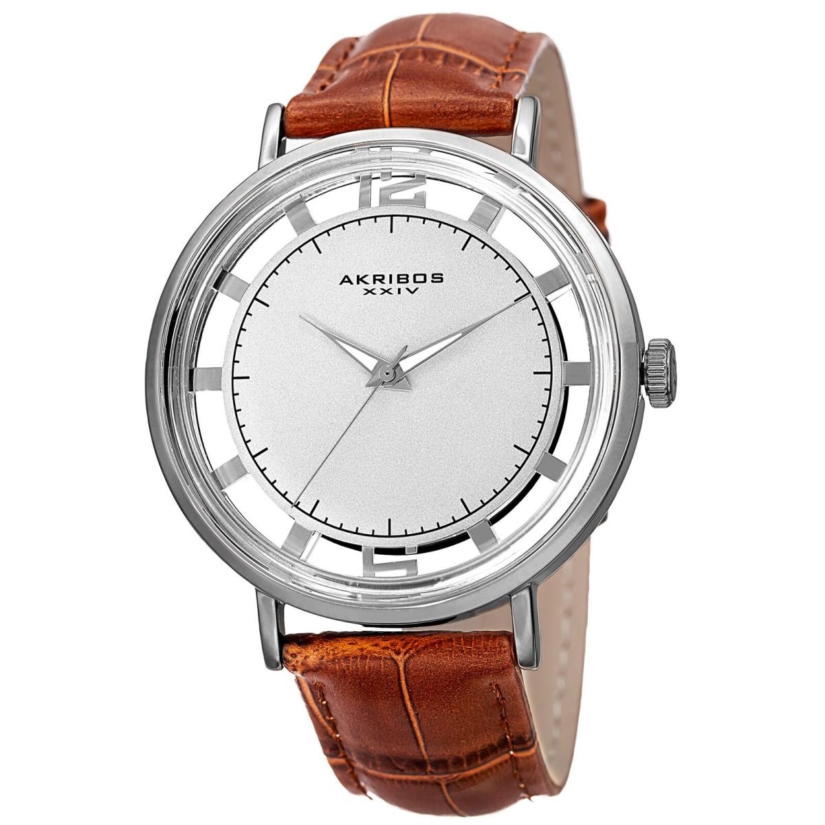 Men`s Akribos Xxiv AK860SSBR Silver-tone Transparent Dial Brown Leather Watch