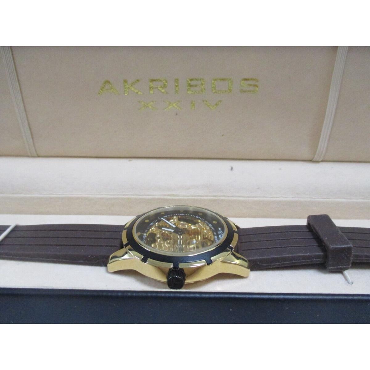 Akribos Xxiv Automatic Skeleton Watch Men Black Gold Tone Round 45mm