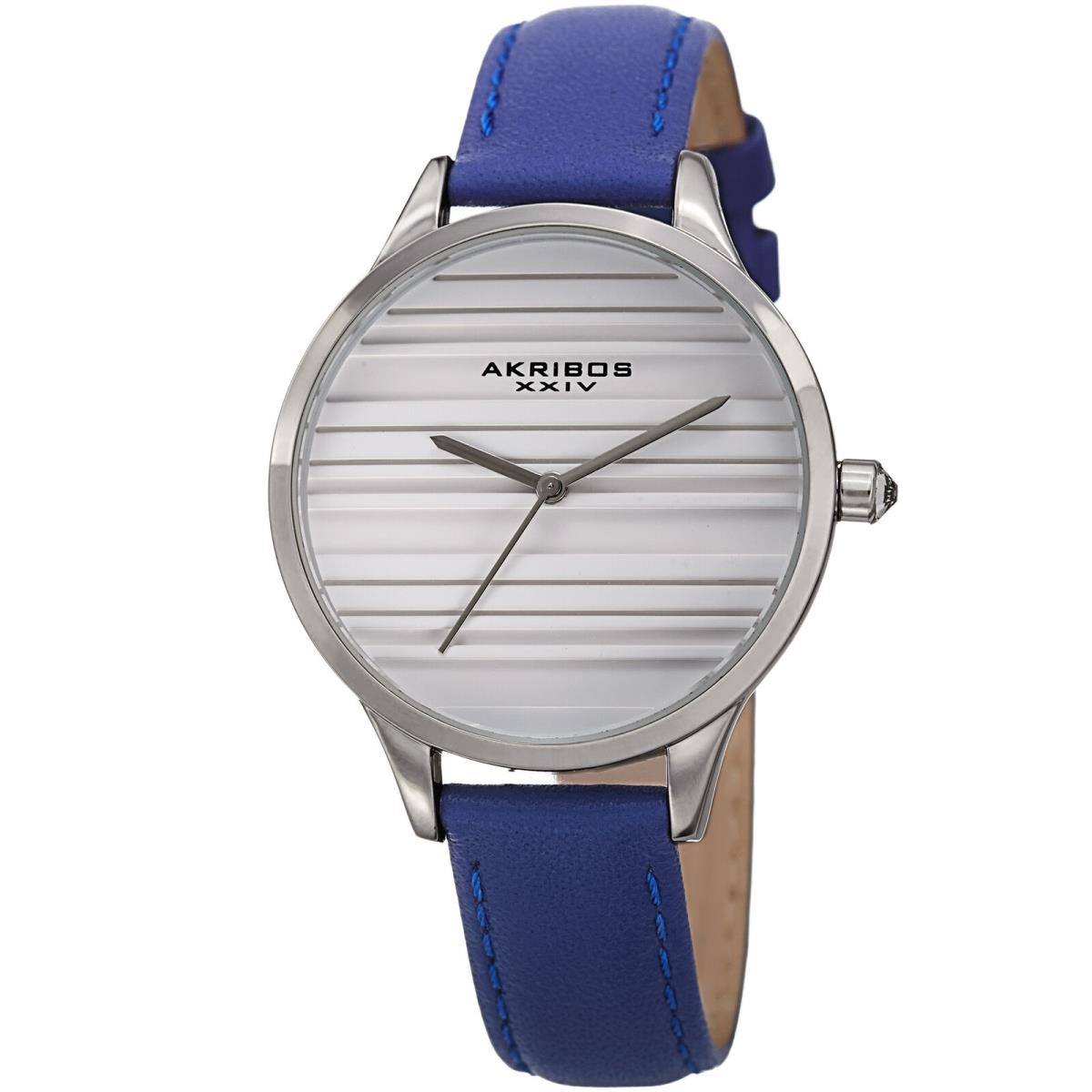 Womens`s Akribos Xxiv Ak1005BU Quartz Striated Silver Blue Leather Slim Watch