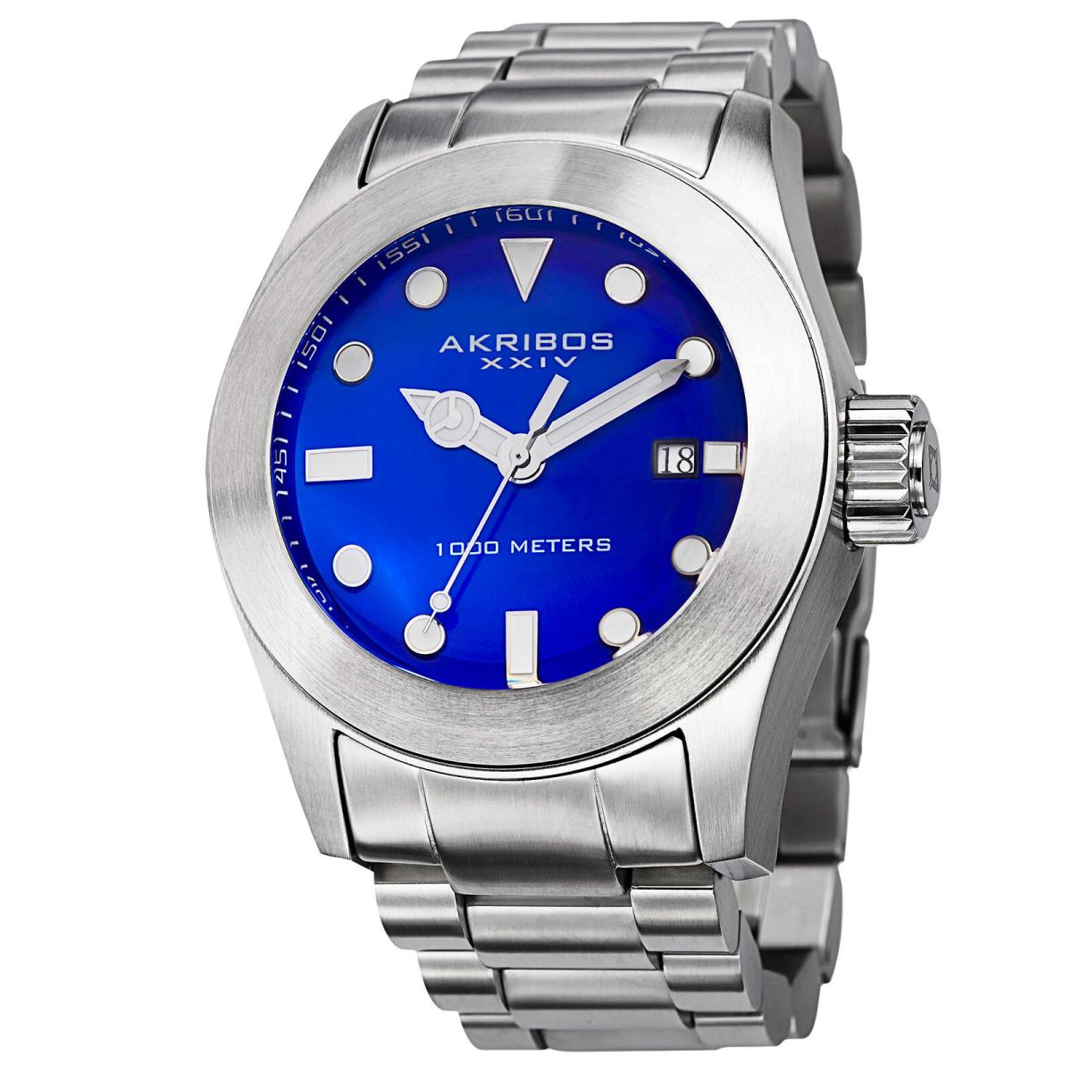 Men`s Akribos Xxiv AK730BU Blue Dial Date Display Stainless Steel Bracelet Watch