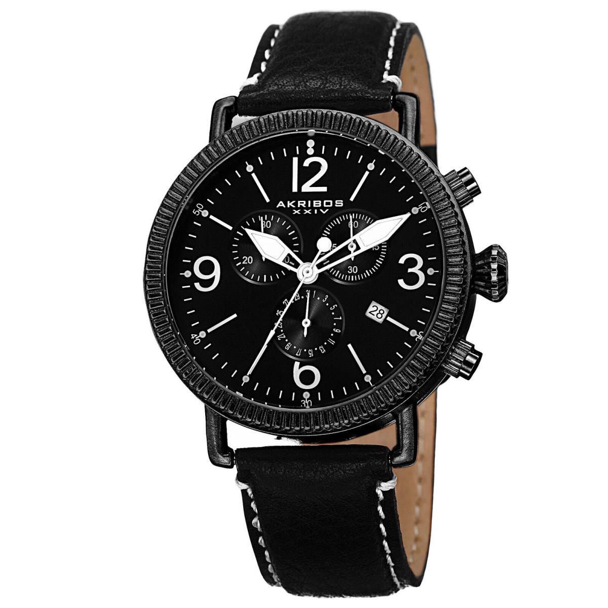 Men`s Akribos Xxiv AK753BK Swiss Chronograph Black Leather Watch