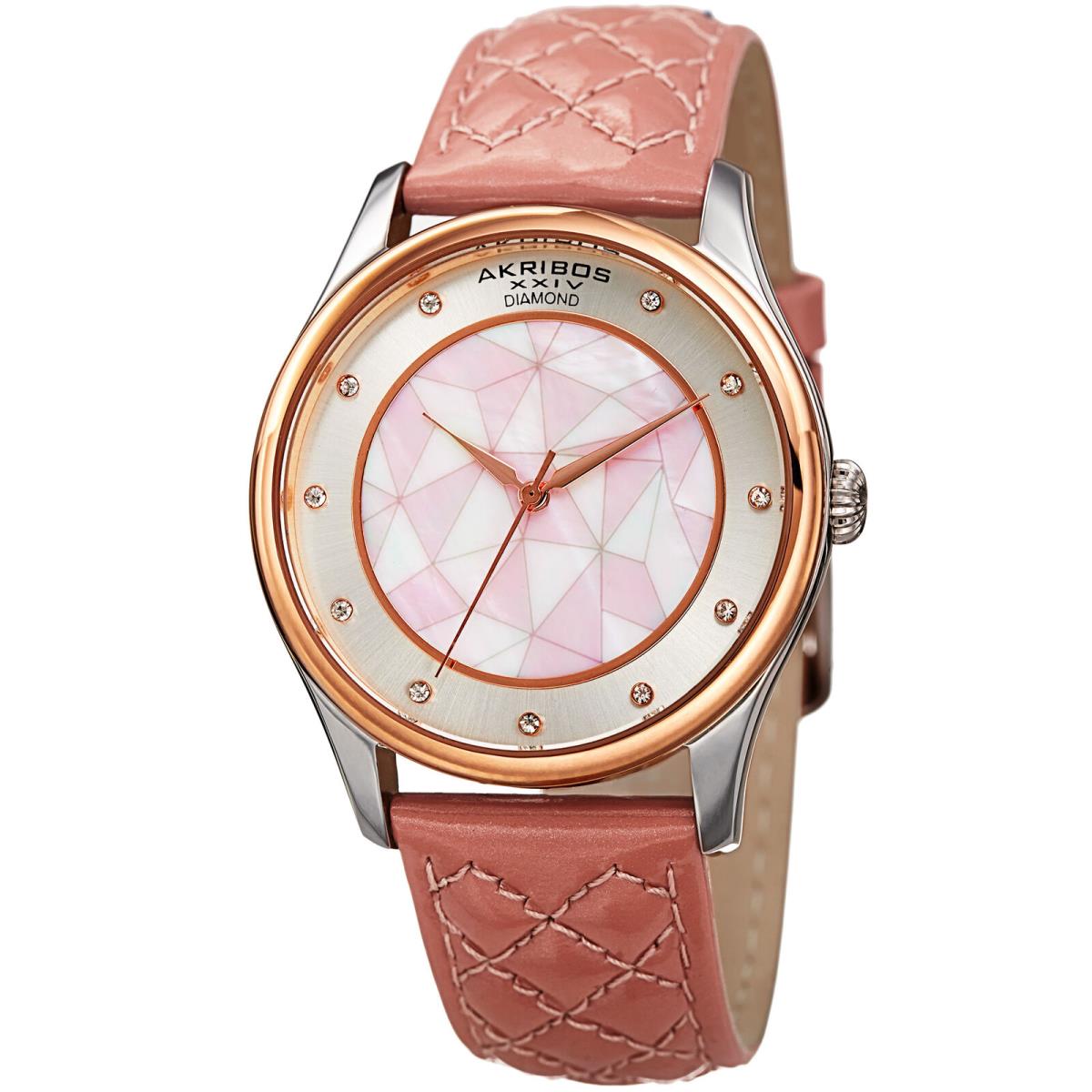 Women`s Akribos Xxiv AK925GPK Diamond and Mother of Pearl Leather Quilted Watch