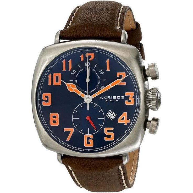 Akribos Xxiv AK786BU Date Orange Accented Blue Dial Brown Strap Mens Watch