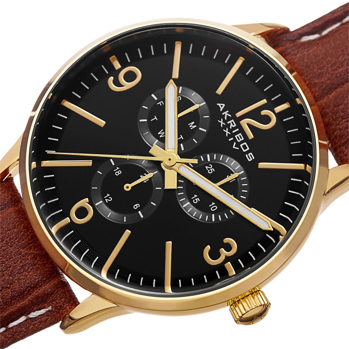 Men`s Akribos Xxiv AK769YG Gold-tone Quartz Multifunction Leather Strap Watch