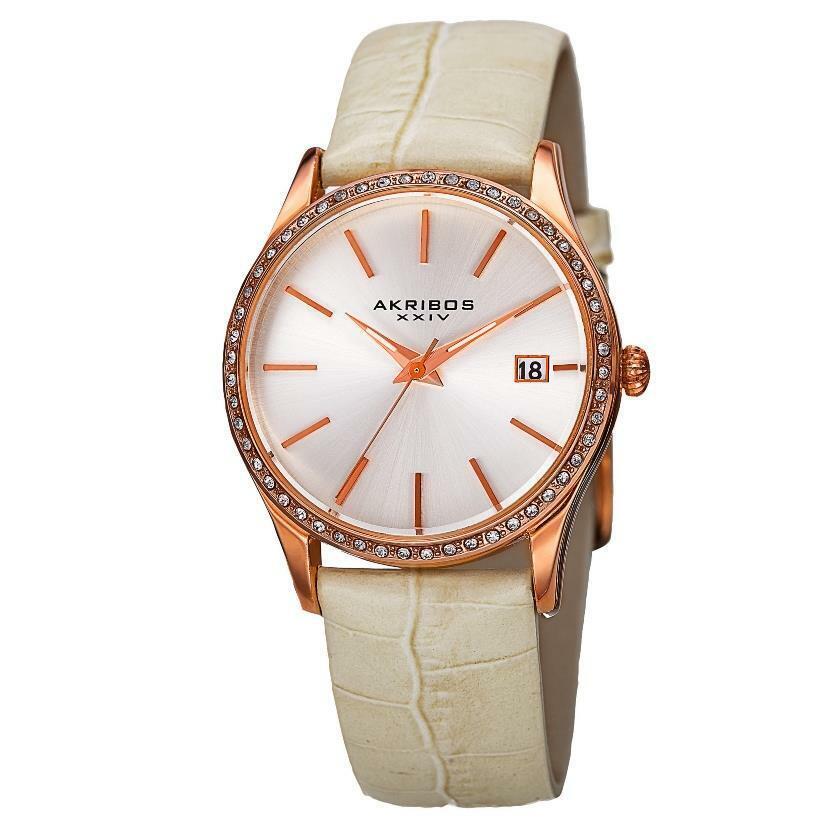 Akribos Xxiv AK883WTR Analog Quartz Swarovski Crystal Date Leather Womens Watch