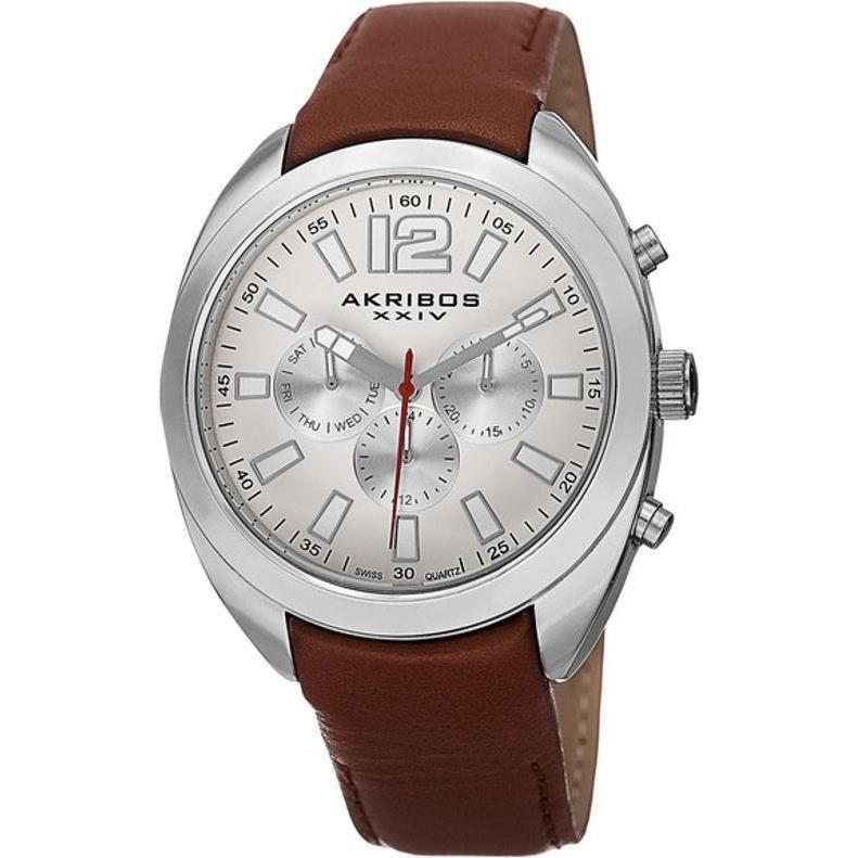 Akribos Xxiv AK777SSBR Swiss Quartz Day Date Gmt Brown Leather Strap Mens Watch