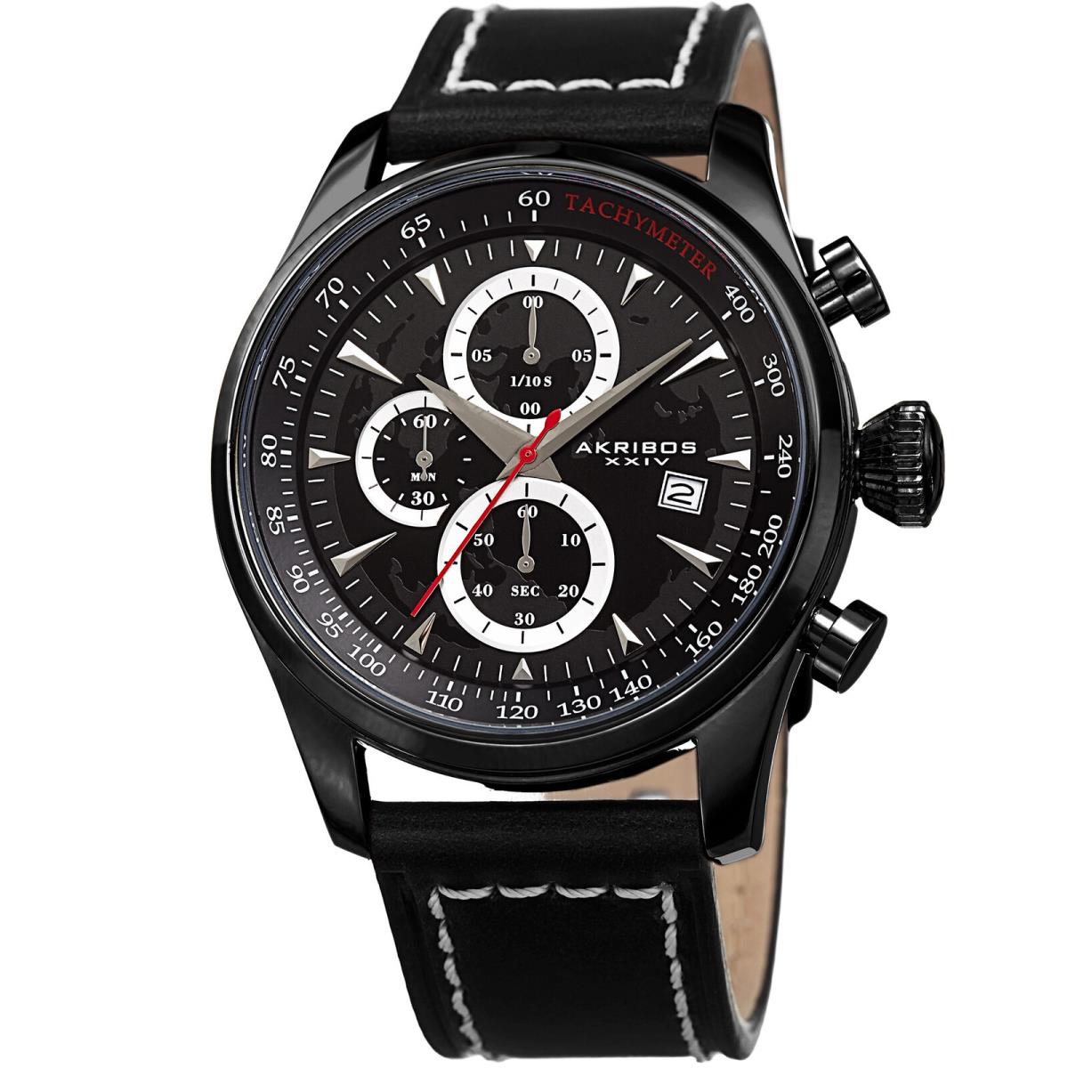 Men`s Akribos Xxiv AK915BK Chronograph Black Leather with White Stitching Watch