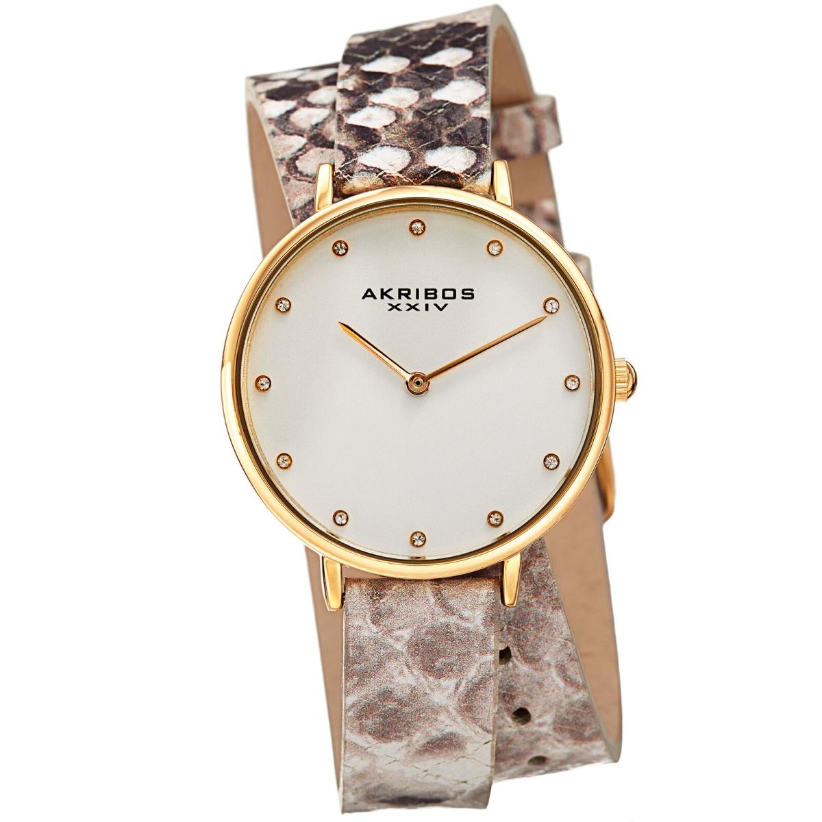 Women`s Akribos Xxiv AK923YGGY Swarovski Wraparound Leather Lizard Pattern Watch