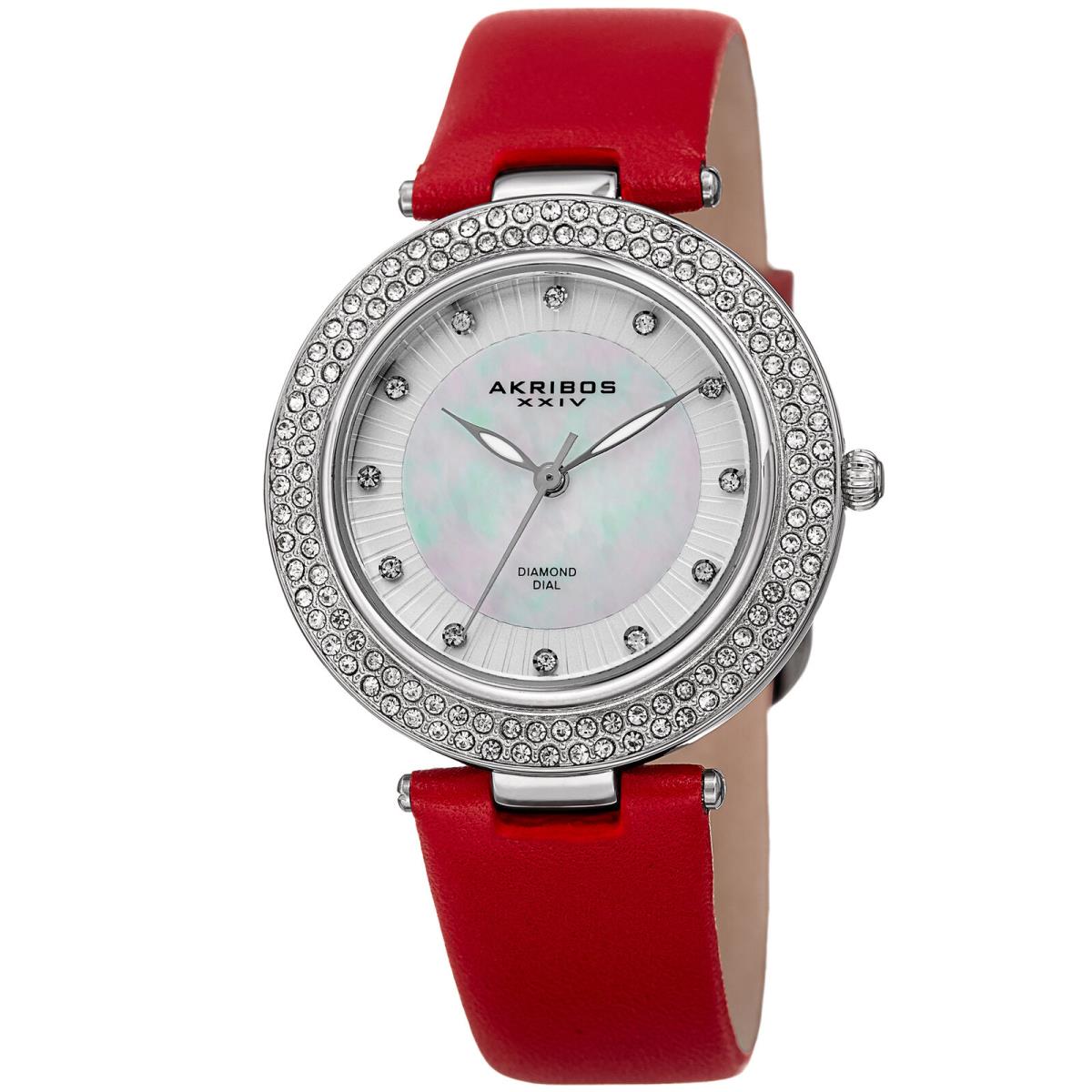 Akribos Xxiv Women`s AK1008RD Diamond Crystal Bezel Silver/red Leather Watch