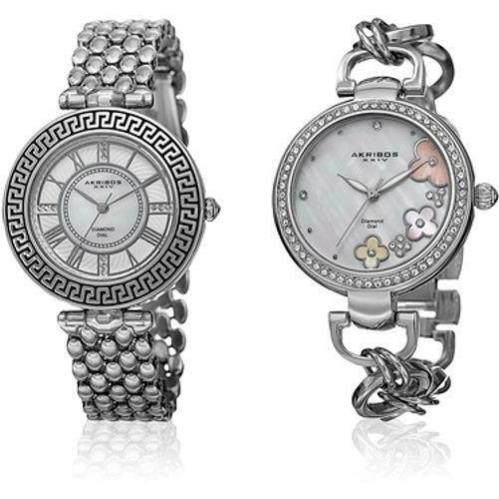 Akribos Xxiv AK886SS Diamond Accents Flower Design Silvertone Womens Watch Set