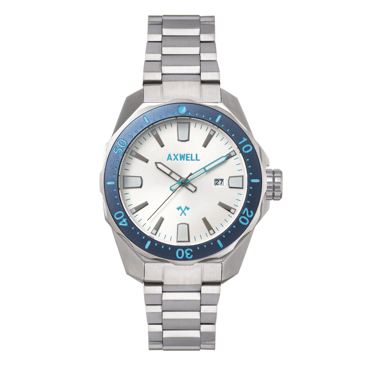 Axwell Timber Bracelet Watch w/ Date - Silver - Dial: Silver, Band: Silver, Bezel: Blue