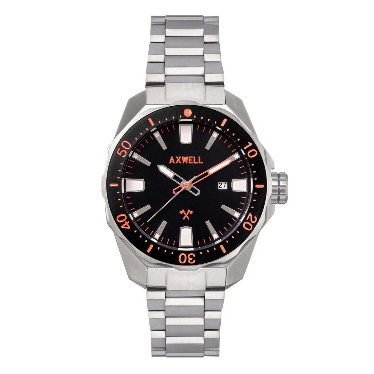 Axwell Timber Bracelet Watch w/ Date - Black/orange - Dial: Black, Band: Silver, Bezel: Black