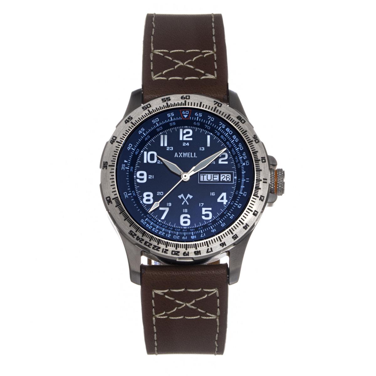 Axwell Blazer Leather Strap Watch - Brown/navy - Dial: Navy, Band: Brown, Bezel: Silver