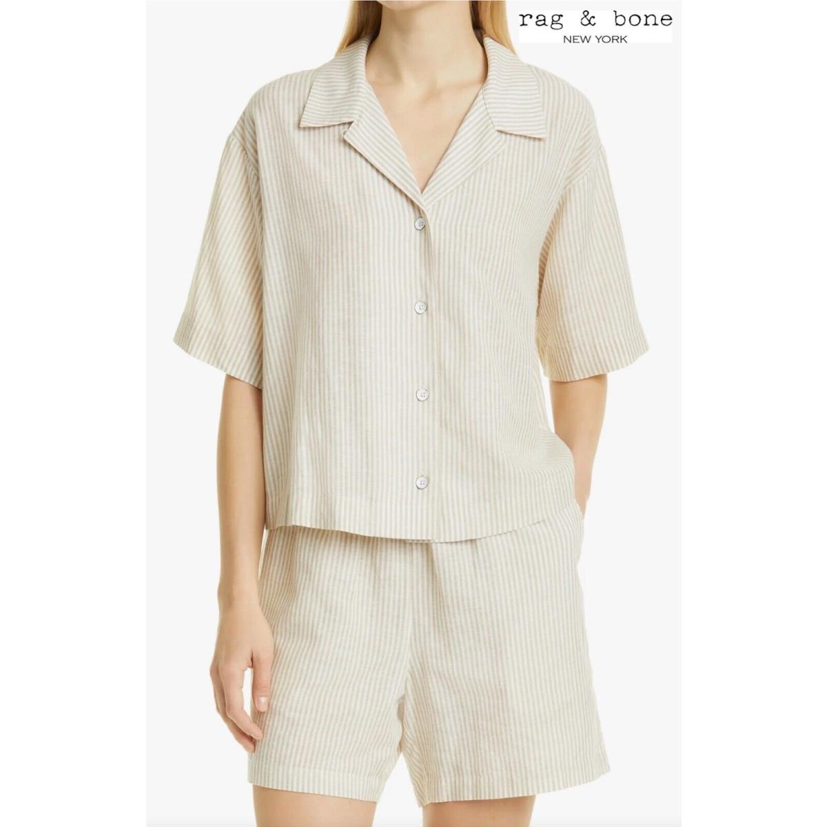 Rag Bone Reed Stripe Short Sleeve Boxy Modal/linen Beige Shirt. SZ M