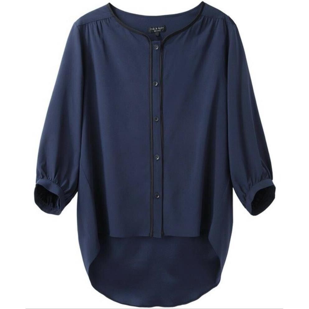 Rag Bone Womens Button Down Silk Vessel Top Blouse High Low Navy Blue Sz 0