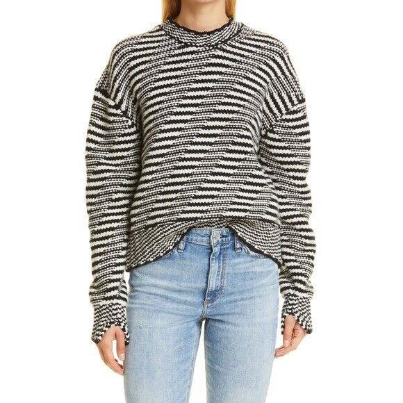 Rag Bone Willow Stripe Sweater Crew Wool Knit Black White Size L Large DD