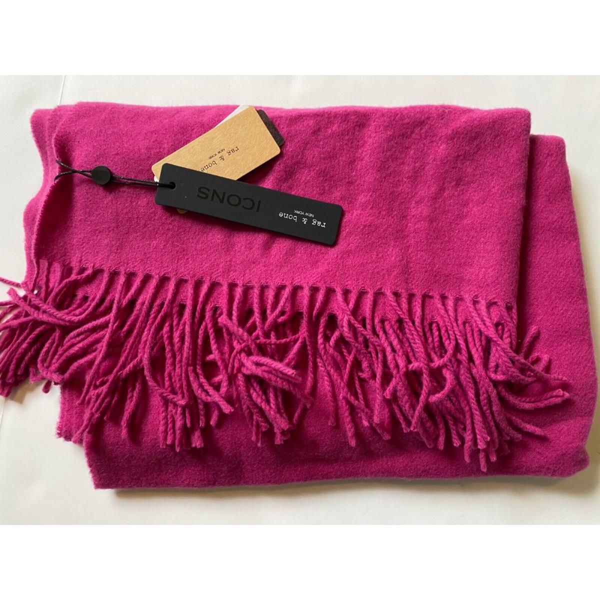 Rag Bone Addison Recycled Wool Scarf Pink Fringe 78 Length Logo Patch Q